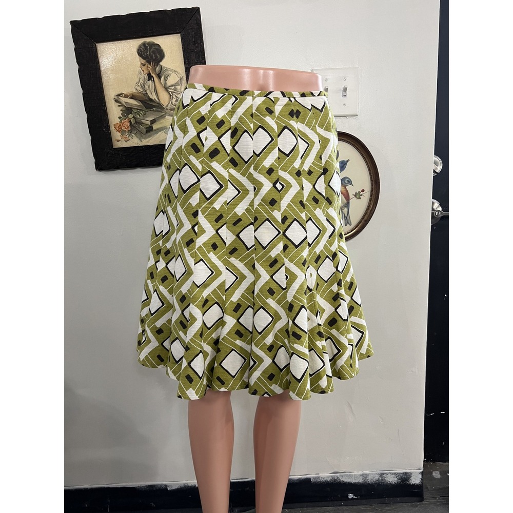 Lafayette 148 New York Petite Green Geometric Print Pleated Flare Skirt Size 2